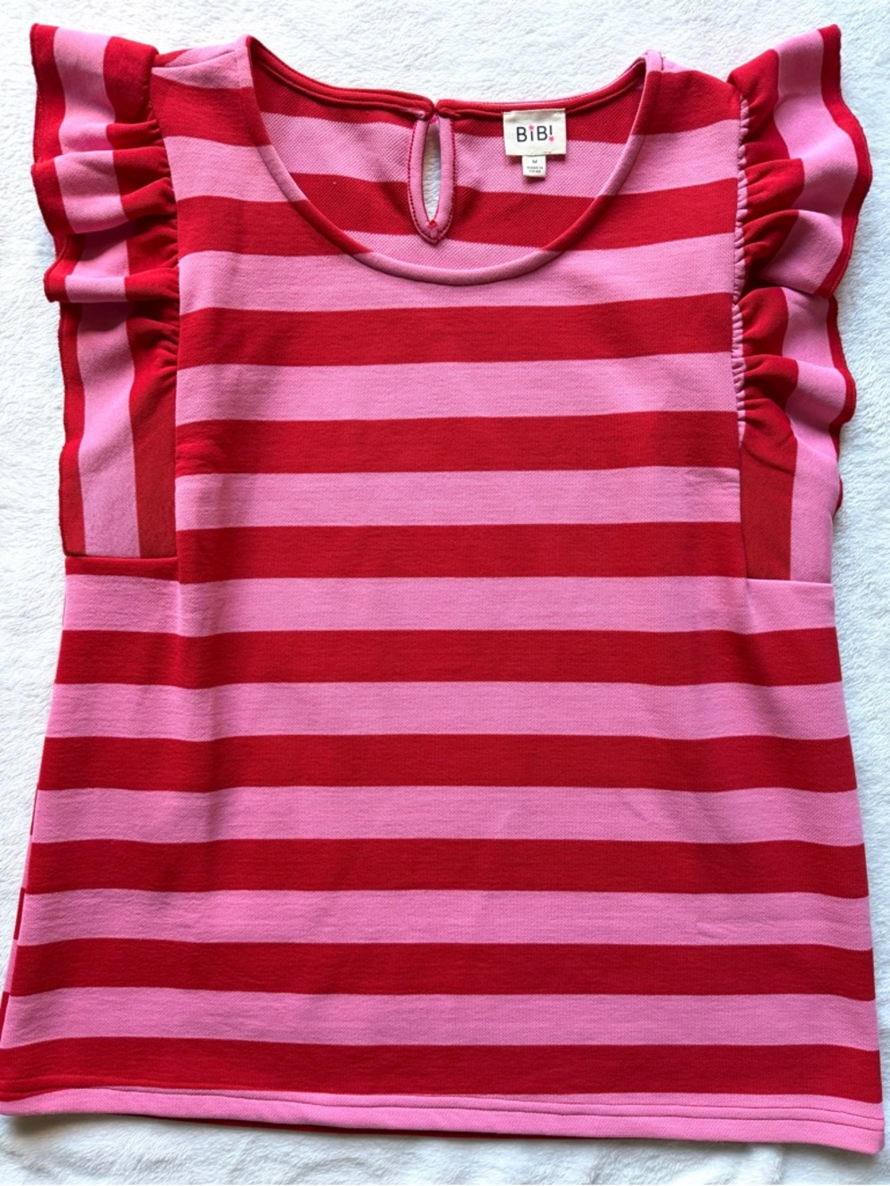 BiBi Red & Pink Striped Ruffle Sleeve Knit Top
